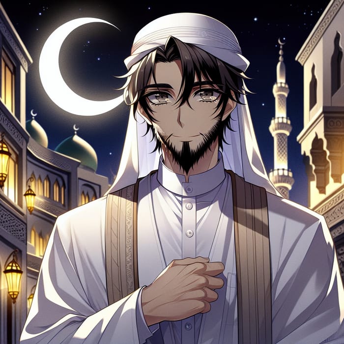 Middle-aged Anime Character in Islamic Attire for Ramadan