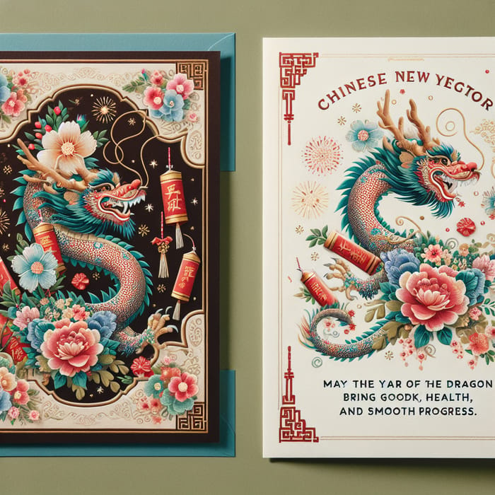 Chinese New Year Dragon Greeting Card | Festive Celebration with Flowers, Fireworks, and Good Luck Message