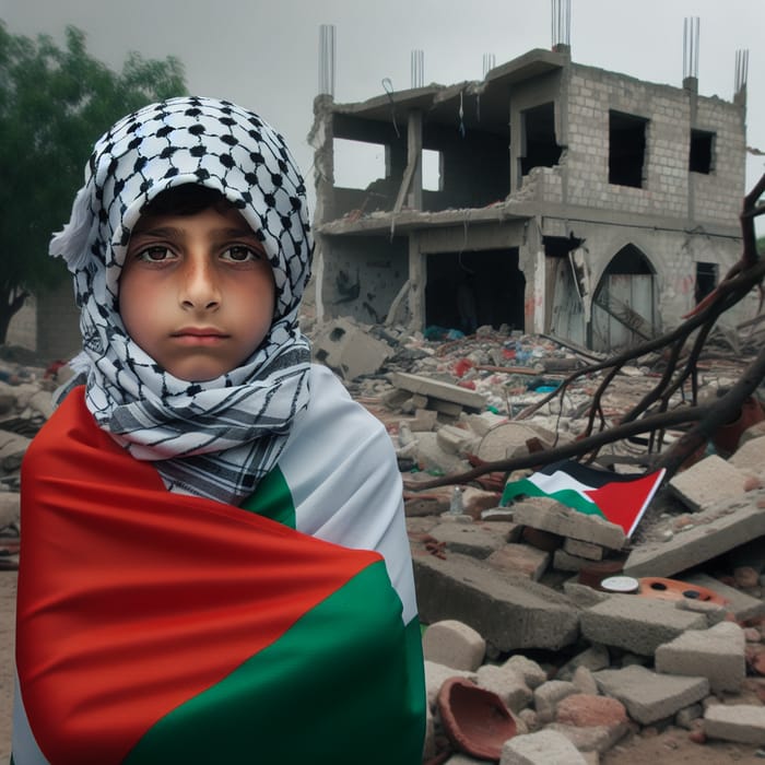 Young Boy Standing in Front of Destroyed Home with Palestinian Flag