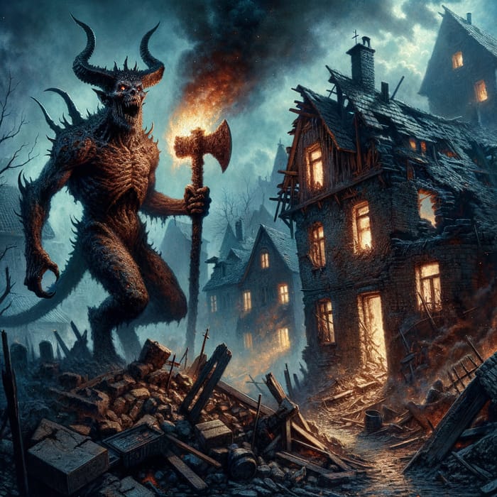 Demonic Entities in Ruined Village with Fire Axe