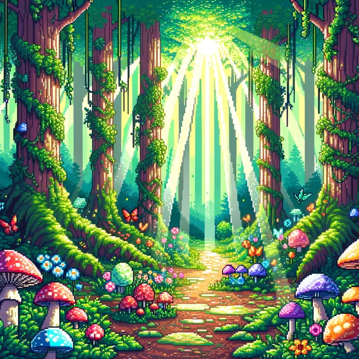 Pixel Magic Forest: Enchanting Scene with Glowing Mushrooms