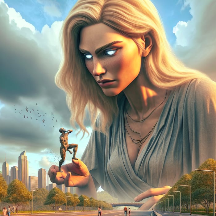 Blonde Giantess Devours Tiny Character in Enormous City Scene