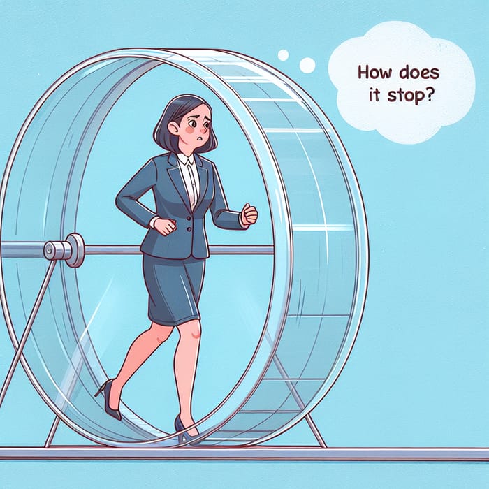 Curious Businesswoman in Hamster Wheel on Blue Background