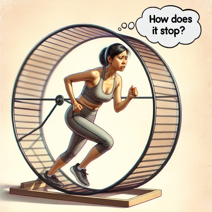 Woman Running in Hamster Wheel with Thought Cloud | Curious Energy
