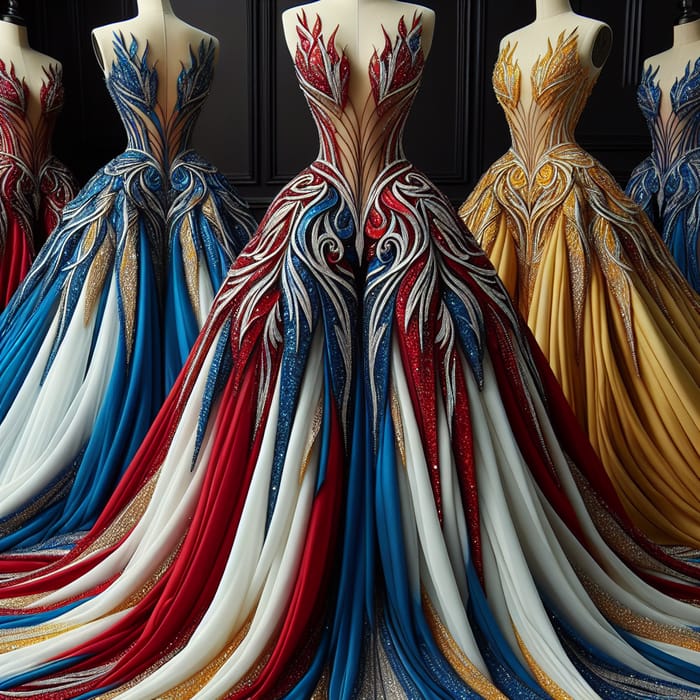 Elegant Blue, Red, Yellow & White Pageant Gown with Exquisite Design