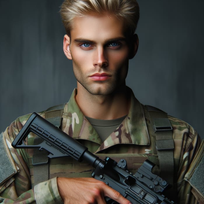 Tall Blond Soldier in Military Uniform with Stern Expression and Rifle