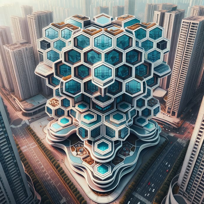 Aerial View of Vibrant Futuristic Hotel with Pentagon-Shaped Windows