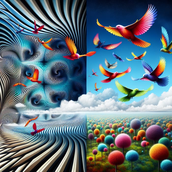Surrealism & Freedom Exploration with Colorful Birds & Landscapes