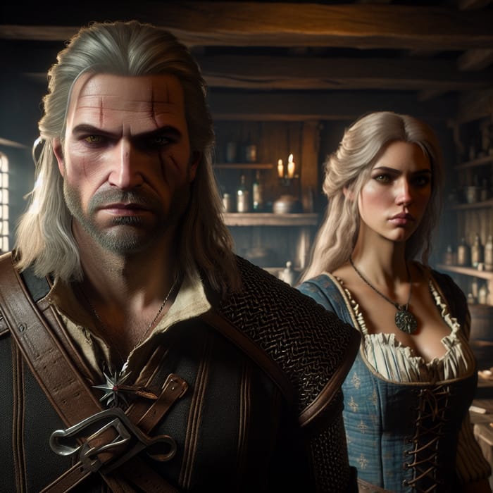 Male Witcher with Brown Hair and Scars, with Blonde Sorceress in Rustic Tavern