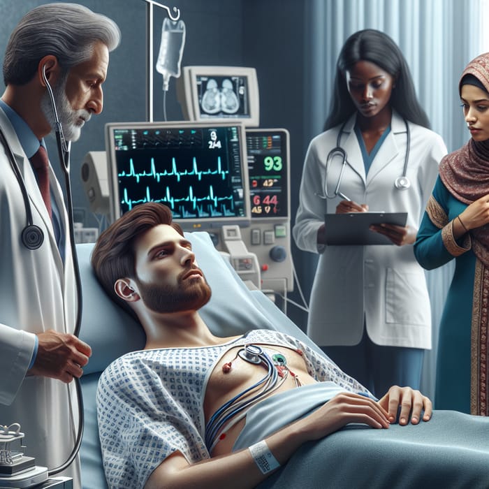 Realistic Photo of Male Patient in Hospital Bed with Diverse Medical Team