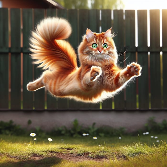 Playful Jumping Cat in Sunny Yard