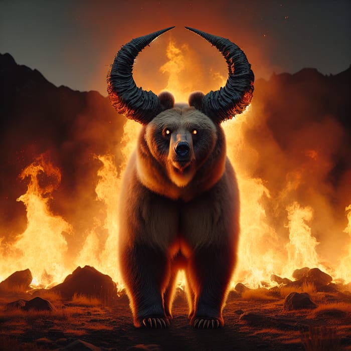 Realistic Grizzly Bear in Fiery Inferno: Demonic Horns & Glowing Eyes