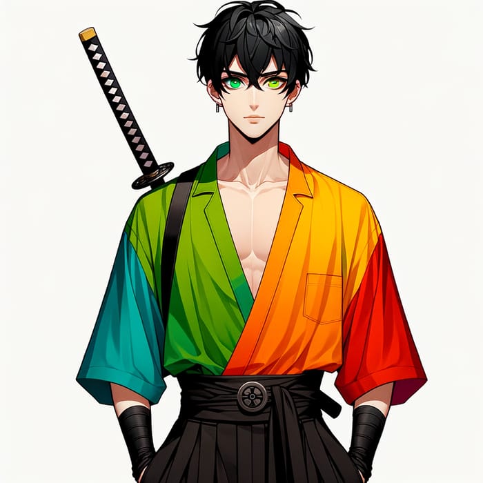 Stylish Young Man with Green Eyes and Katana - Trendy Look