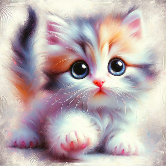 Playful Kitten with Big Eyes and Fluffy Fur in Vibrant Pastels