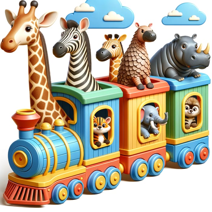 Exotic Animal Cartoon: Toy Train Adventure