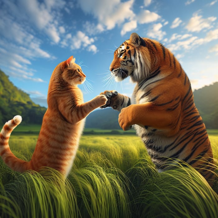 Rare Interspecies Encounter: Tabby Cat and Tiger in Meadow