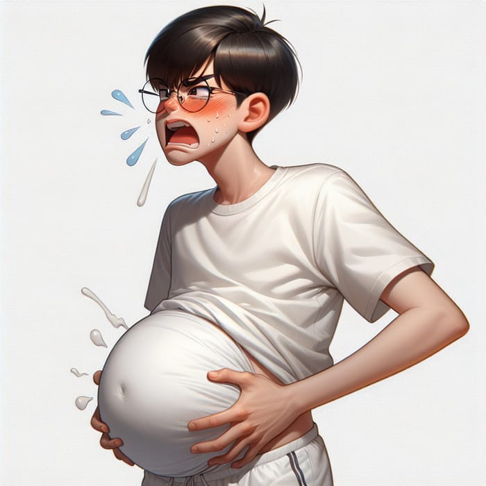 Emotional Korean Teen with Pregnant Belly in White Shirt
