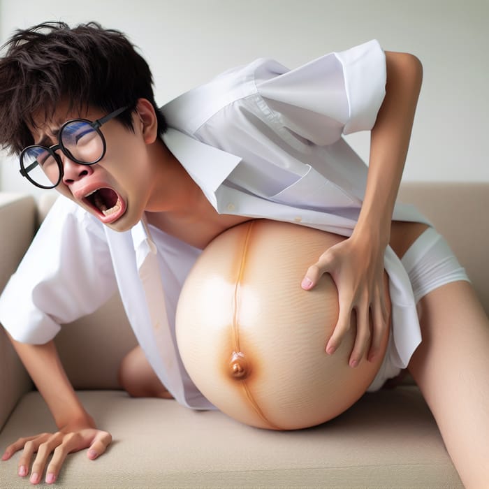 Emotional Korean Boy with Pregnant Belly, White Shirt & Glasses