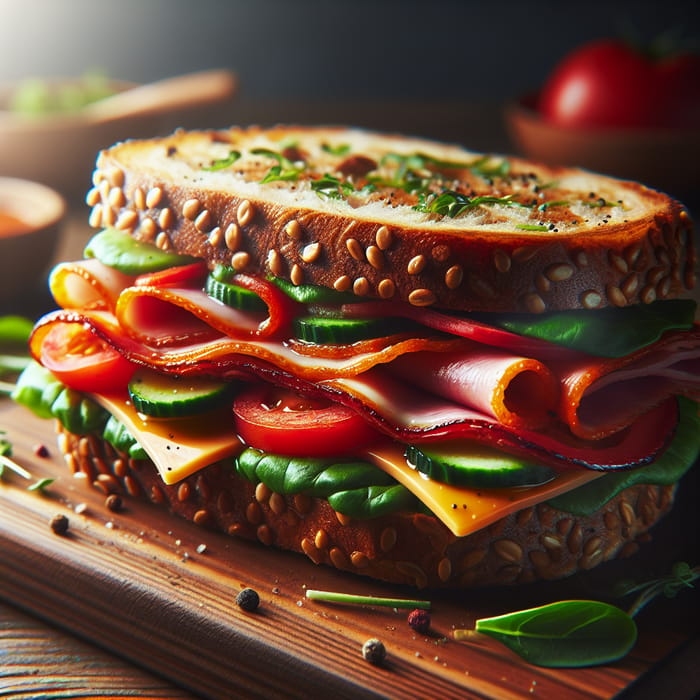 Mouthwatering Sandwich: Close-Up Shot with Vibrant Colors and Textures