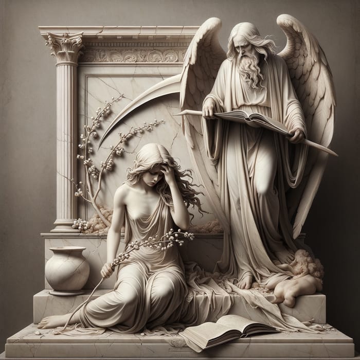 Symbolic Scene: Weeping Virgin and Old Man by Marble Monument