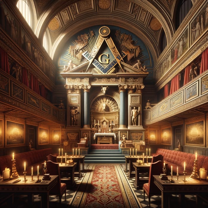 Majestic Masonic Lodge Interior with Symbolic Altar and Dramatic Lighting