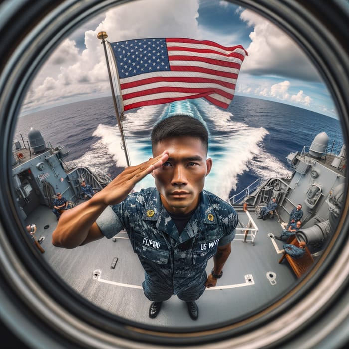 Filipino Sailor Saluting Flag on Ship Deck with Sea View