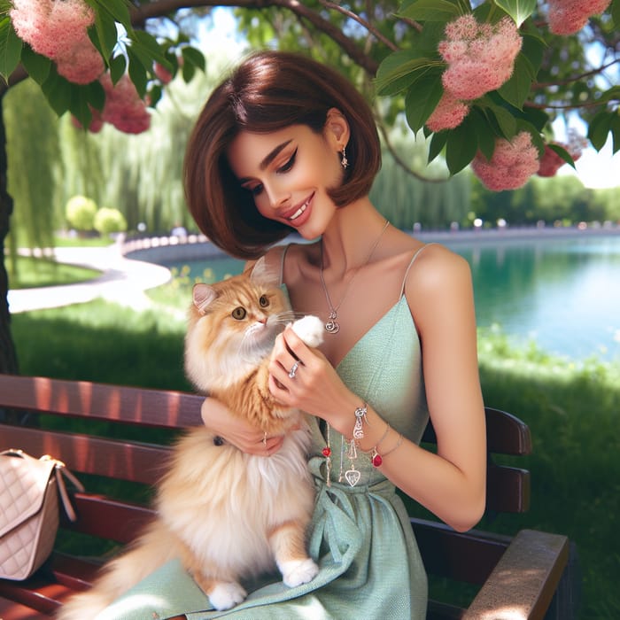 Beautiful Middle-Eastern Girl with Ginger Cat in Park