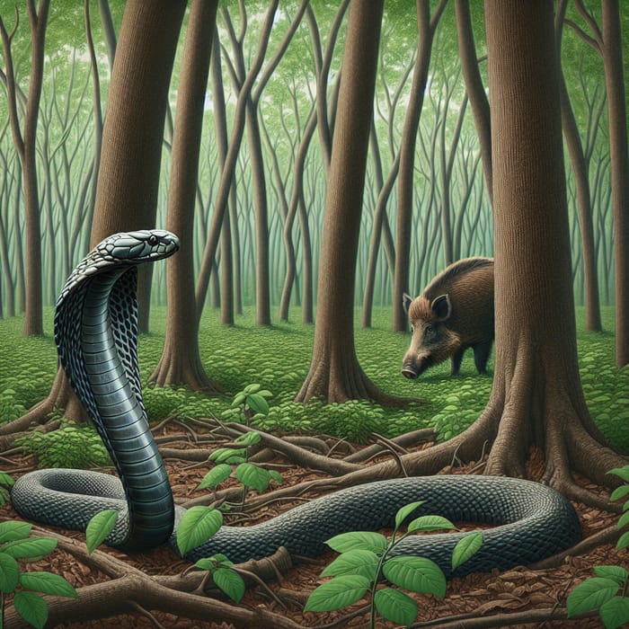 Cobra Snake and Wild Boar in Forest Encounter