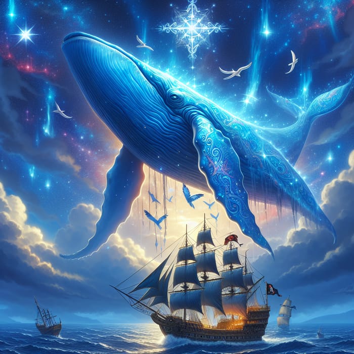 Radiant Blue Whale in Sky Soaring Above Pirate Ship