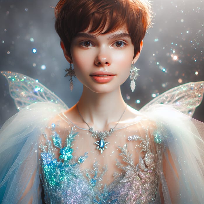 Short Chestnut Haircut, Necklace, Earrings, Beautiful Shiny Airy Transparent Fairy Dress in Blue Silver