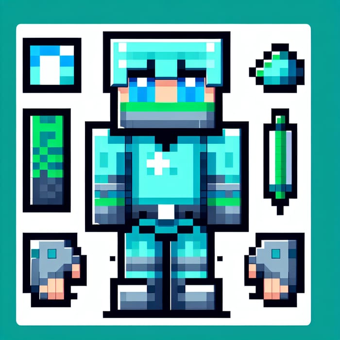 Pixelated Minecraft-Style Character Illustration in Cyan and Green