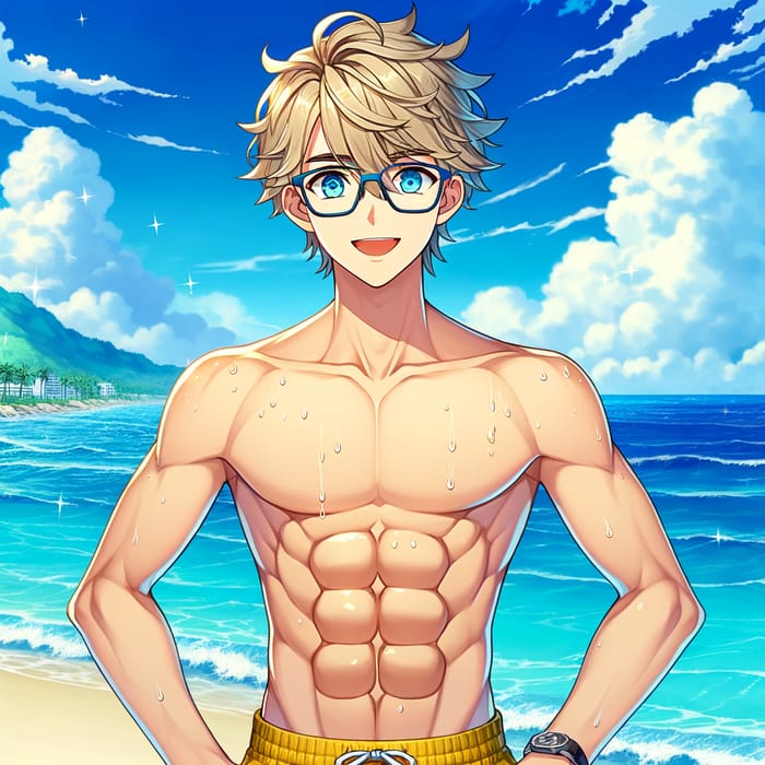 Anime-Style Teenager with Blonde Hair, Glasses, and Eight-Pack Abs on Beach