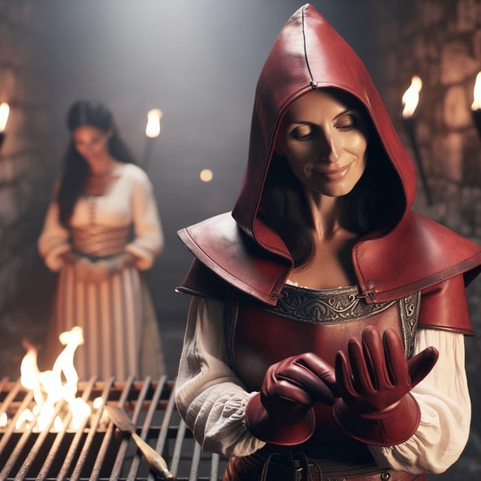 Medieval Woman in Red Leather Hood and Apron, Torch-lit Castle Cellar