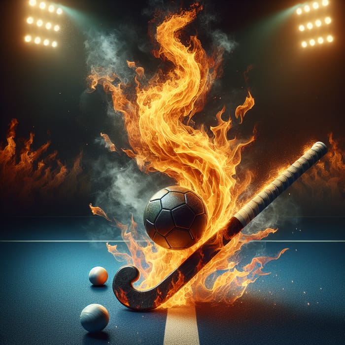 Surreal Field Hockey Image: Ball and Stick Engulfed in Flames