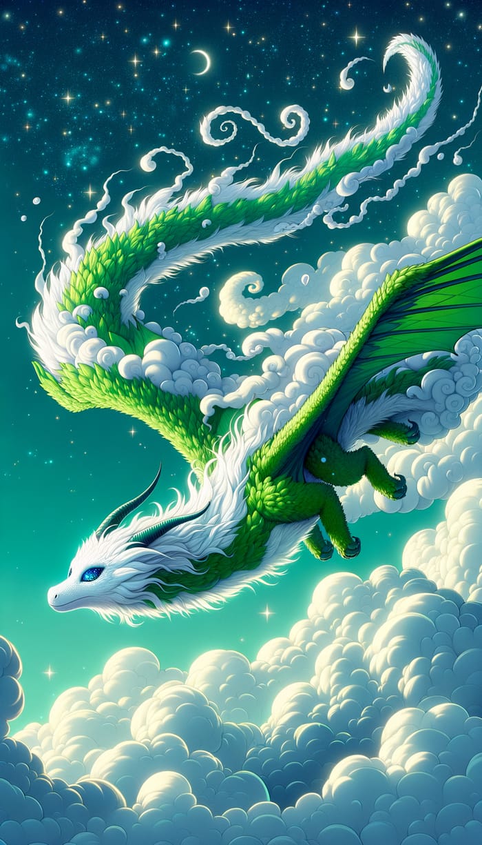 Whimsical Dragon Soaring Through Sky with Green Fur