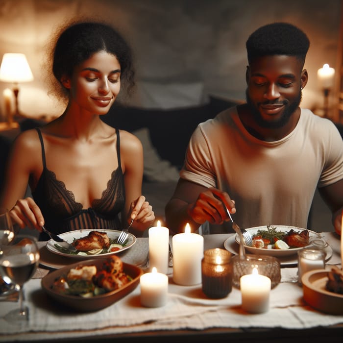 Cozy Home-Cooked Dinner Scene: Black Man & Hispanic Woman
