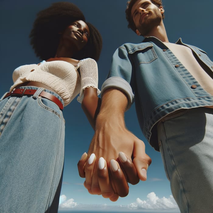 Interracial Couple Holding Hands under Clear Blue Skies