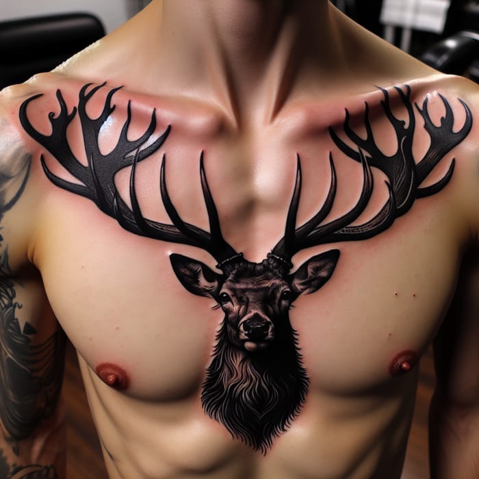 Detailed Black Deer Chest Tattoo: Intricate Design in Black Ink