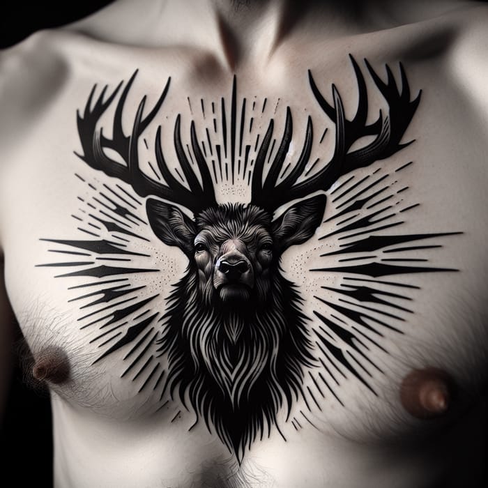 Elegant Stag Chest Tattoo Design in Black Ink