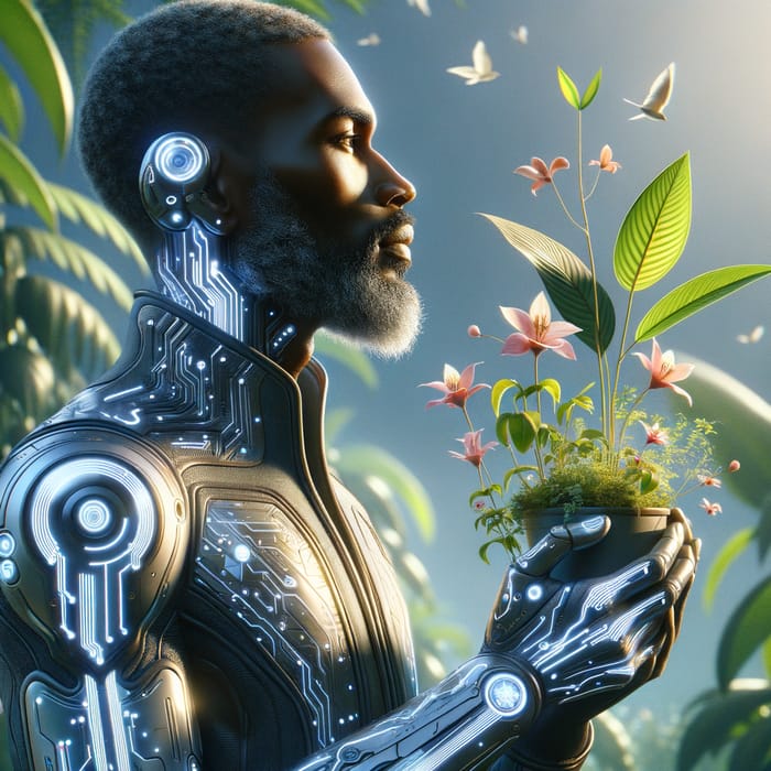 Futuristic Man Enjoying Nature's Beauty | Sci-Fi Tech Fusion