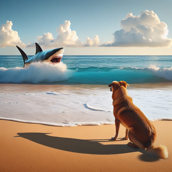Dog at Beach Chasing Shark - Dramatic Sunset Scene