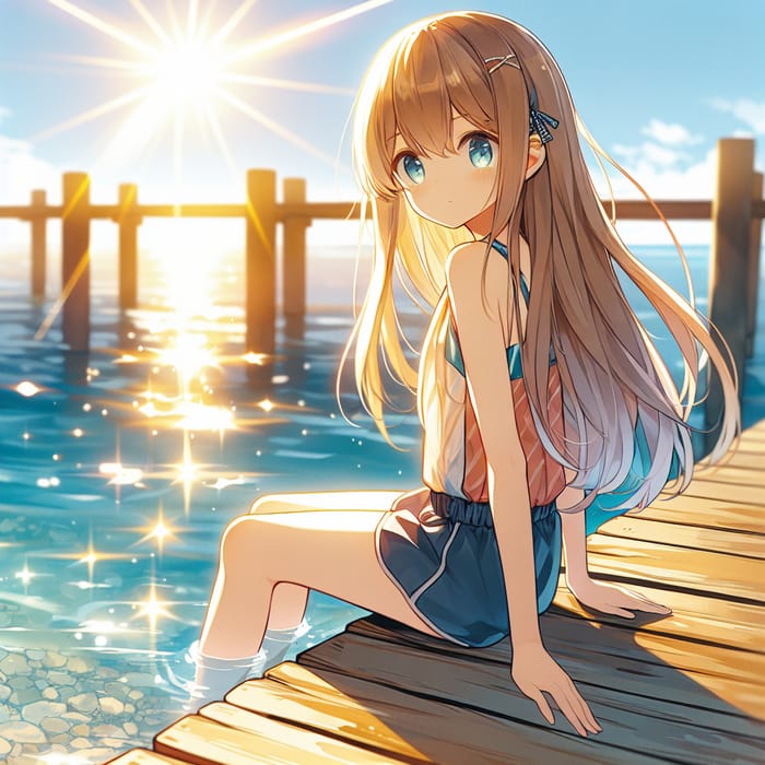 Young Anime Girl on Pier | Sunny Day Swimsuit Scene