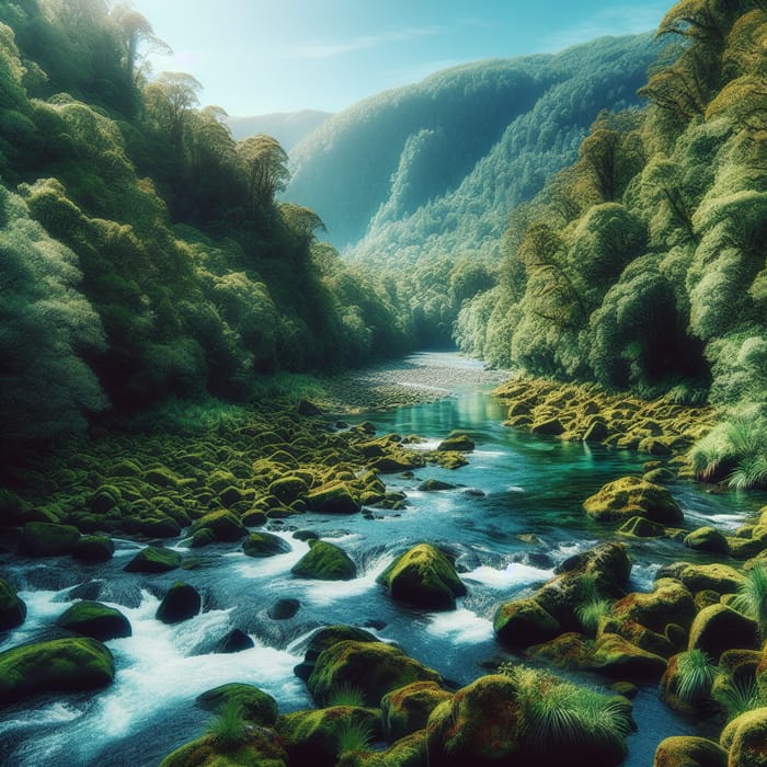 Tranquil River Flowing Through Lush Green Banks and Azure Sky