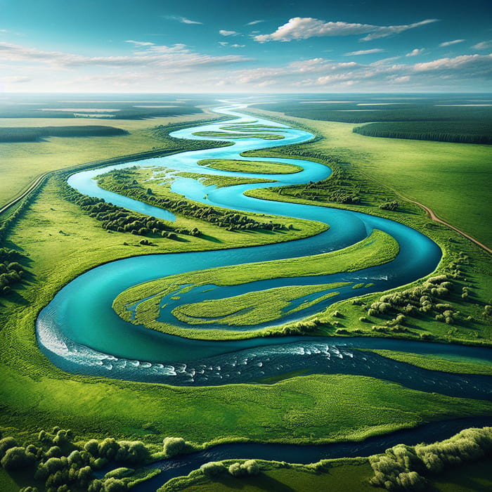 Tranquil Zigzag River Flow with Green Banks and Azure Sky