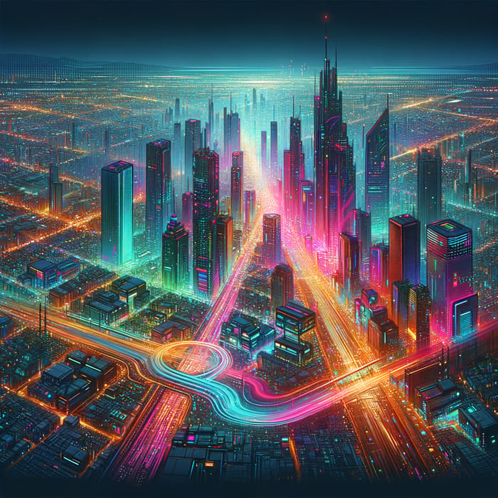 Vibrant Cyberpunk Night Cityscape with Neon Colors