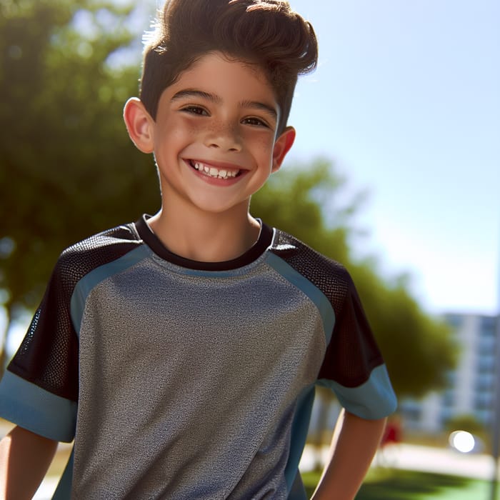 Joyful Hispanic Boy in Sportswear Enjoying Playtime Outdoors