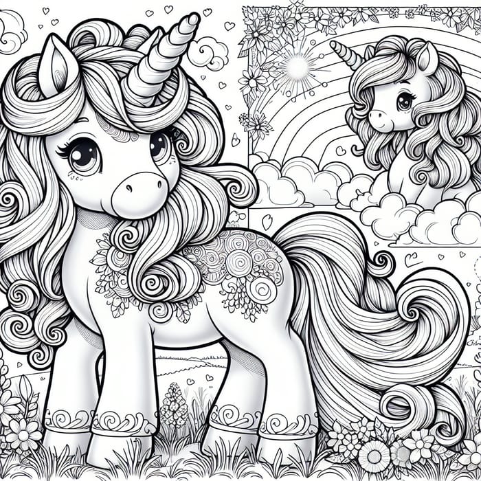 Detailed Coloring Page: Cute Unicorn in Scenic Meadow