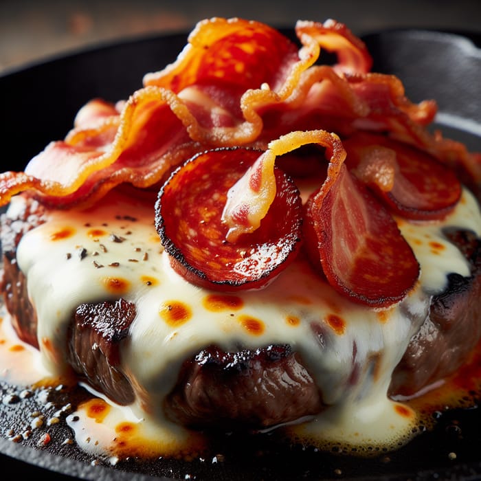 Sizzling Steak with Mozzarella, Bacon & Pepperoni
