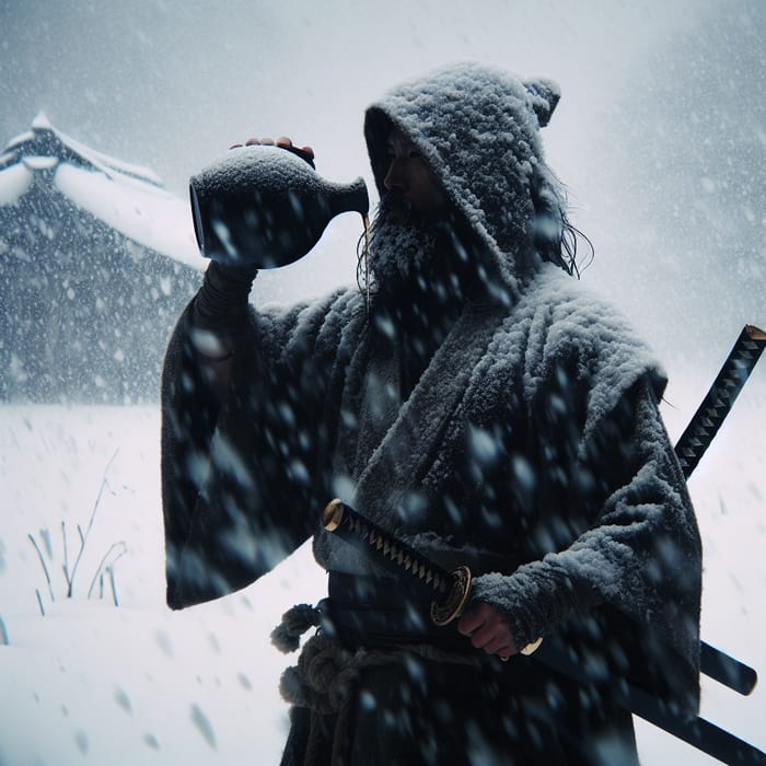 Asian Warrior Holds Wine Jug in Snowstorm | Serene Winter Image