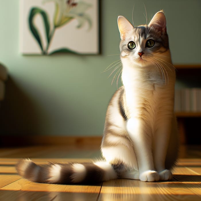 Beautiful Gray and White Domestic Cat in Sunlit Room